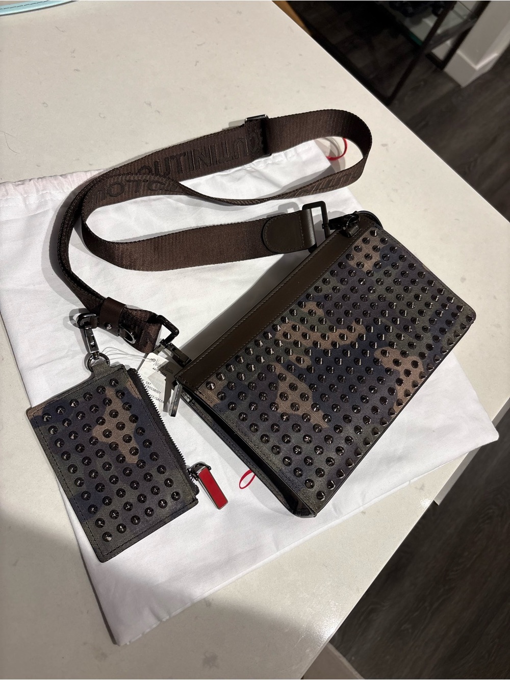 NEW! Christian Louboutin Brown Studded Crossbody Bag with Card Pouch